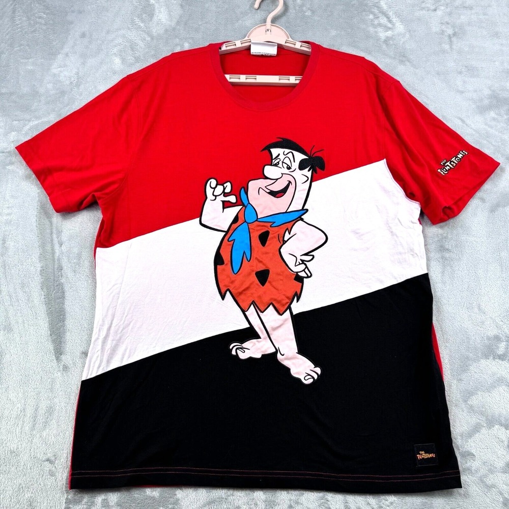 The Flintstones Fred T-Shirt Men's XL Red Black White Embroidery Cartoon Tee‎